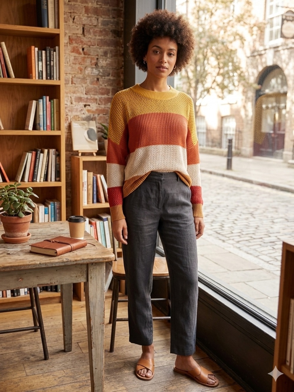 Very J Mustard Rust Cream Striped Knit Sweater Size L P2P 25.5in